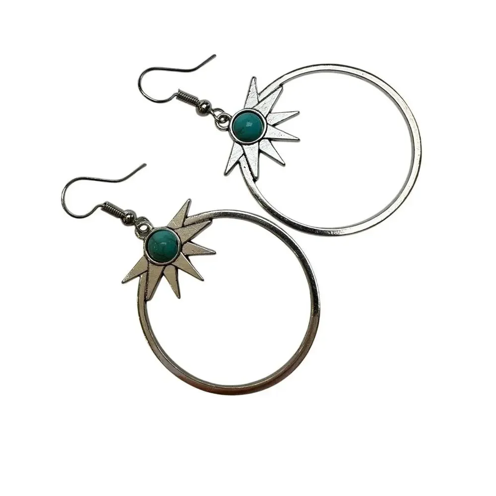 Silvertone Dangle Hoops with Star + Faux Turquoise Earrings Western Boho Cowgirl
